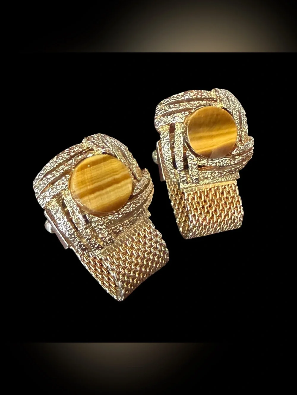 Mid Century Vintage Cuff Links w/ Tiger Eye Gemstones & Mesh Band